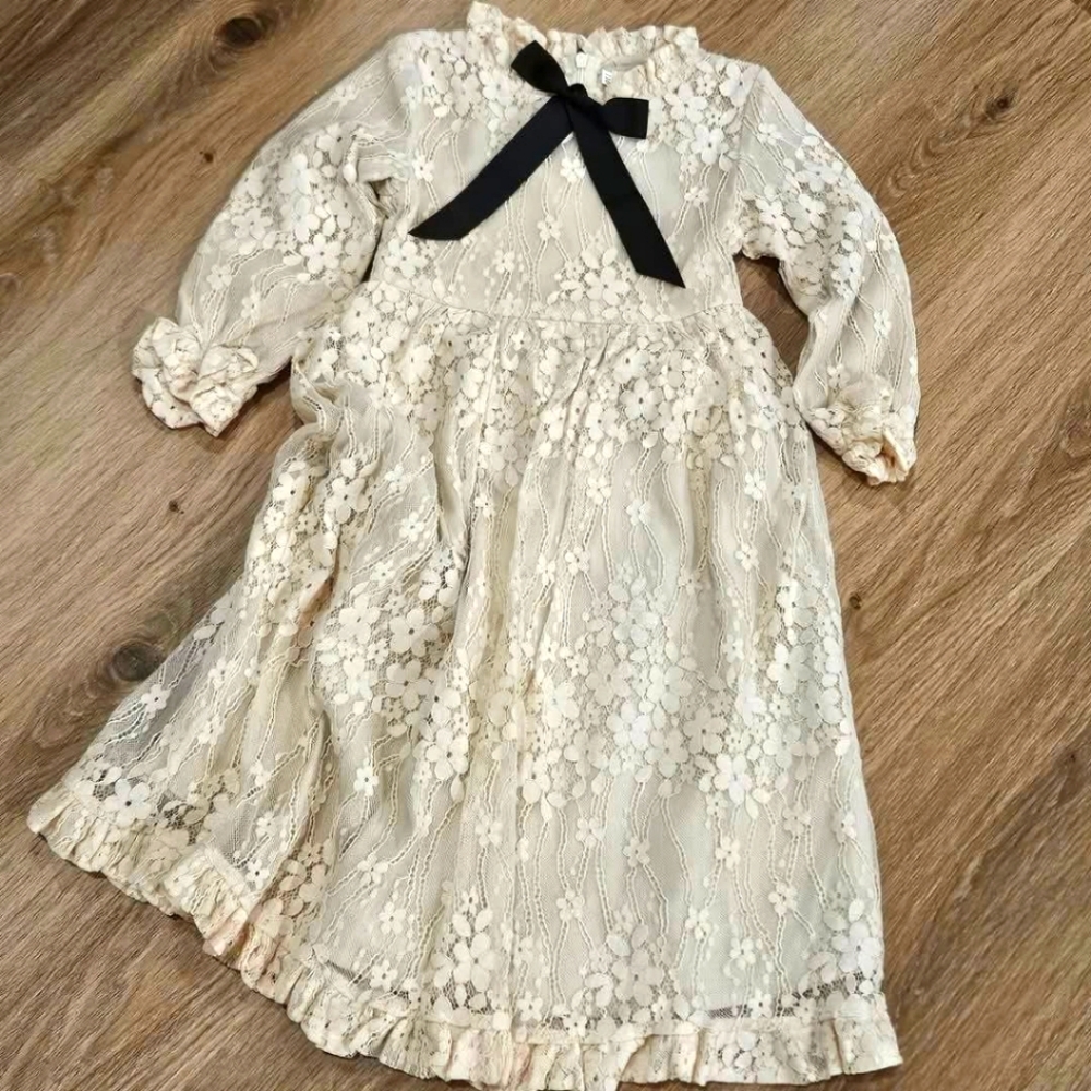 Girls Cottagecore Midi Lace Dress with Black Bow